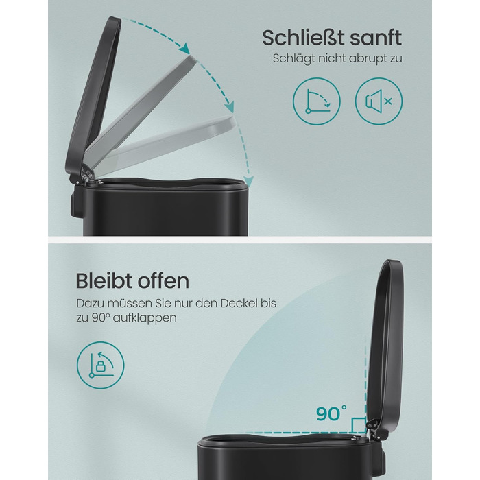 Відро для сміття SONGMICS 50 л з педальним механізмом, сталеве, з м'яким закриттям, чорне