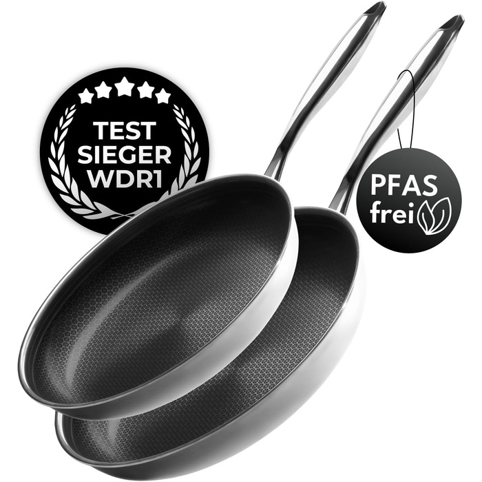 Набір сковорідок Onyx Cookware 24+28 см | Сковороди з антипригарним покриттям для індукційних плит | Сковороди для всіх типів плит | Стійке до подряпин антипригарне покриття | 3-шарова сталь/алюміній | Можна використовувати в духовці до 260°C | Без PFAS