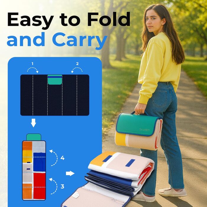 Великий плед для пікніка та відпочинку на природі Scuddles з кишенею – двошаровий, водовідштовхувальний, 200 x 150 см, блакитно-білий