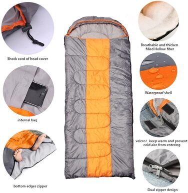 Спальний мішок для кемпінгу, 3 сезони, з капюшоном, для дорослих, зимовий, для подорожей, рюкзаків, походів, з компресійним мішком, оранжевий/сірий, L