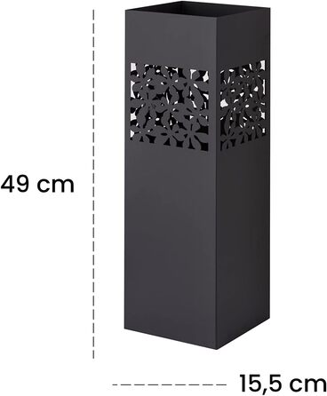 Підставка для парасольки Baroni Home квадратна металева з різьбленням, 2 гачки, знімна миска, чорна, 15,5x15,5x49 см