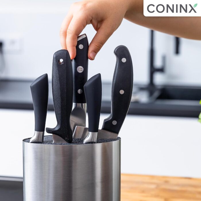 Coninx Knife Block without knives - Knife block with brush insert - Knife Block in Silver - Universal empty knife block stainless steel - Empty knife holder - Suitable for all kitchen knives