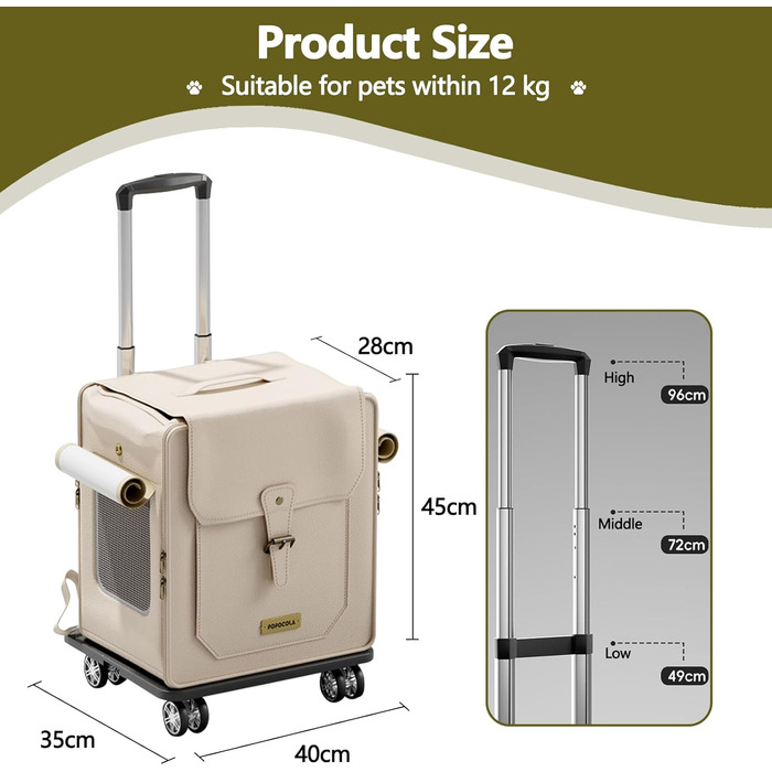 Рюкзак для тварин Galatée з колесами, візок для домашніх тварин, сумка для подорожей з собаками з знімними колесами, рюкзак для собак з сітчастими вентиляційними вікнами (зелений) (білий)