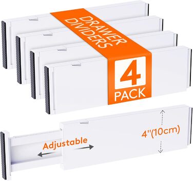 Lifewit Drawer Dividers Set Plastic for Internal Length 27–40cm & Height >10.5cm Drawers, Adjustable Organization System for Wardrobe/Bedroom/Dresser/Kitchen/Office, White (4, for Internal Length 34–50cm & Height ≥10.5cm)