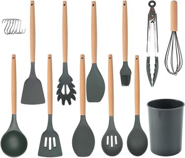 Набір кухонних помічників 12 шт. з силікону з дерев'яними ручками. Набір кухонного посуду: щипці, лопатки, ложки. Стійкий до високих температур, антипригарне покриття. Сірий колір.
