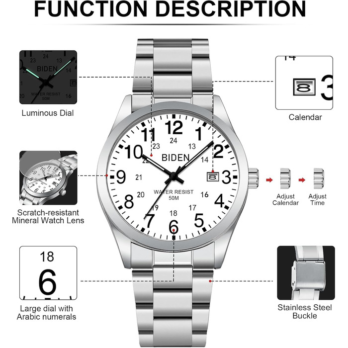 Годинник чоловічий LENQIN з нержавіючої сталі, аналоговий кварцовий годинник на зап'ясті, водонепроникний 30M, стильний повсякденний годинник для чоловіків (срібно-білий)