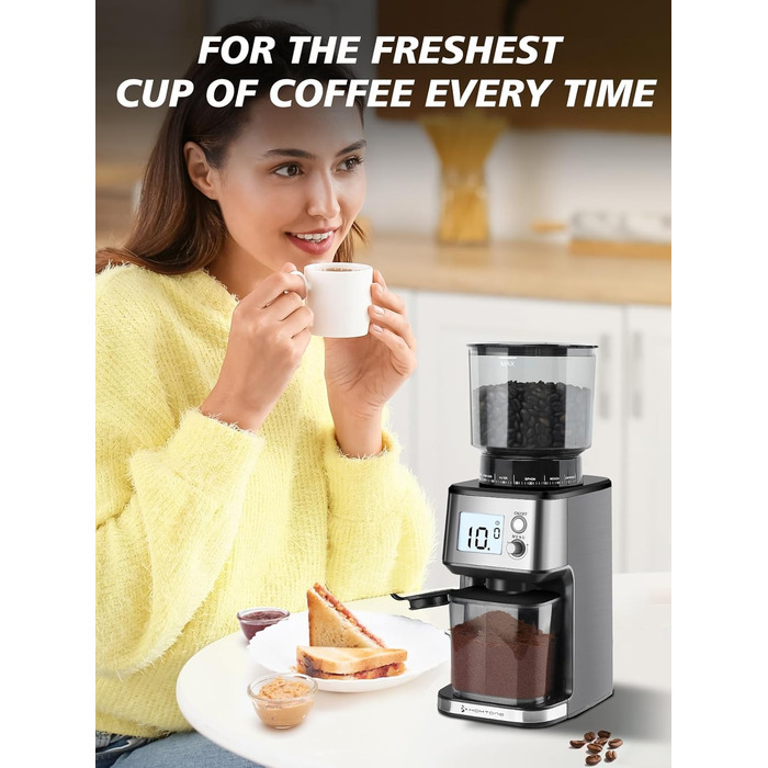 Електрична кавомолка Homtone для еспресо та френч-прес, 51 ступінь помолу, нержавіюча сталь, LCD-дисплей, 165W