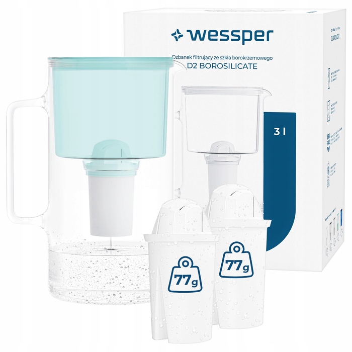 Скляний фільтр-кувшин Wessper D2 BOROSILICATE 3л, м'ятний + 3 фільтри