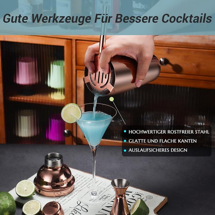 Cocktail Shaker Set, 12-Piece Stainless Steel Bar Accessory Set, 750ml Shaker Bartender Set with Stand, Ideal Cocktail Machine Bartender Set for the Home Bar (Rose Gold)