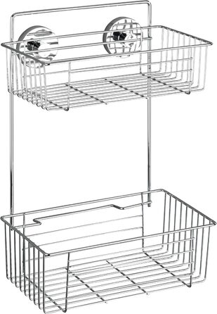 WENKO Vacuum-Loc 2-Tier Shelf, Bari, Wall Shelf for Bathroom and Kitchen, Drilling-Free Mounting with Vacuum, Chrome-Plated Metal, 26 x 38 x 17 cm