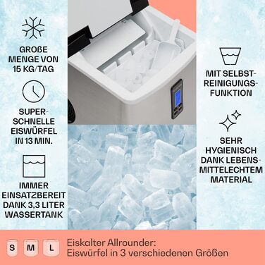 Машина для приготування льоду Klarstein Eiswürfelmaschine, 3.3 л, чорна, для 15 кг льоду, 2 розміри