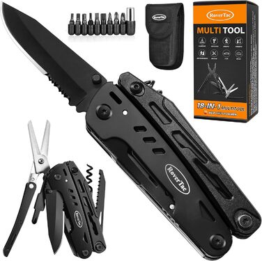 RoverTac Multitool Pocket Knife Tool Gifts: 18-in-1 Multifunction Tool Camping Accessories, Multitools Folding Knife Pliers Scissors Saw Corkscrew Bottle Opener, 9-Pack with Nylon Sheath