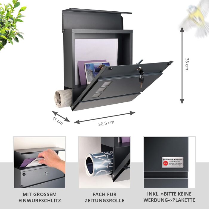 Поштова скринька Forgard Helsingborg антрацит з газетницею (RAL 7016), персоналізована, з монтажним комплектом, з цинкової сталі