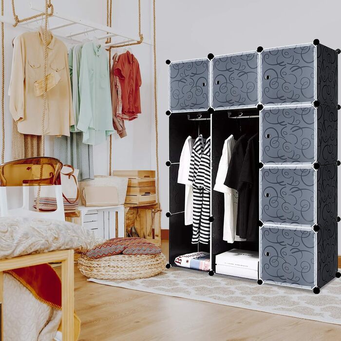 NAIZY Wardrobe Black DIY Plastic Shelf System Closet Organizer with Shelves and Door Plastic Closet (16 Cubes, with 2 Clothes Rods) (12 Cubes, with 2 Clothes Rods)