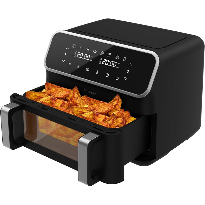 Cecotec Digital Hot Air Fryer 9L with Window - Air Fryer Cecofry Panoramic 9000. 2700W, movable divider, dual temperature, temperature from 80-200 ºC, 8 modes, multifunctional touch panel Black | Window 1 Basket 9 Liters + Divider | 12 Modes