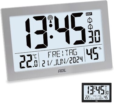 Digital Radio Clock with Large XL Display | Calendar | with Temperature Display & Hygrometer | Wall Clock | Radio Alarm Clock with 2 Alarm Times and Snooze Function | Silver