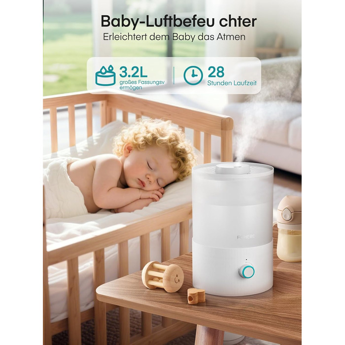 Зволожувач повітря FOHERE для спальні, 3.2л, тихий, для дітей, з верхнім заповненням, 28 годин роботи, 360° охолоджуючий туман, BPA-free, аромадифузор, нічне світло 7 кольорів для рослин, дому, офісу