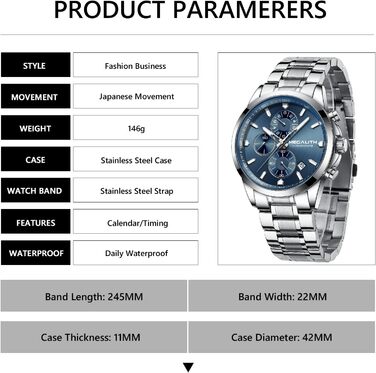 Чоловічий годинник MEGALITH з нержавіючої сталі, хронограф, водостійкий, аналоговий годинник для бізнесу, з календарем та підсвічуванням (B-silber-an)