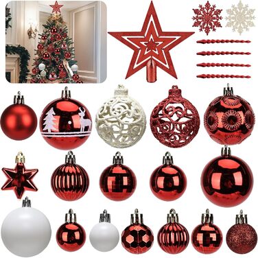 Набір прикрас на ялинку 101 шт., новорічний декор, пластикові кулі для ялинки, кулі на ялинку, зірка на верхівку, матові, глянцеві, багаторазові ялинкові кулі, 3, 4 та 6 см (червоні)