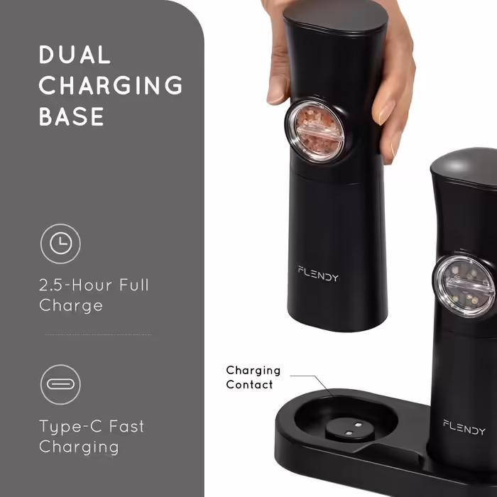 Gravity Electric Salt and Pepper Grinder Set, 2-Piece Set Rechargeable Electric Salt and Pepper Shakers with USB-C Charging Station, Electric Spice Grinder for Dry Spices