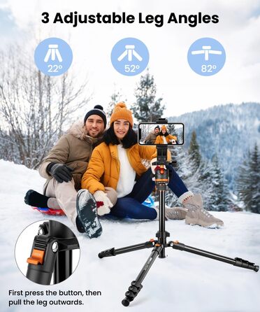 Штатив для камери JOILCAN з алюмінію, 168 см, міцний туристичний штатив з поворотним голковим кріпленням 360° та тримачем для телефону, вантажопідйомність 8 кг, для DSLR Canon Nikon Sony, штатив для iPhone/Smartphone