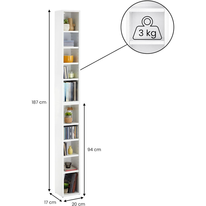 CD DVD BluRay Regal Chart in White – Two-Piece Media Shelf, Storage, CD Stand with 10 Compartments for up to 160 CDs, 20x187 cm (W x H)