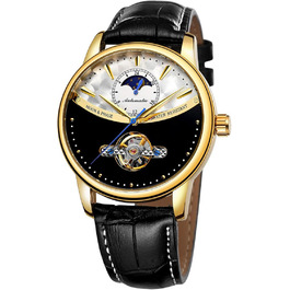 Чоловічий годинник на автоматичному механізмі з сапфіровим склом, корпус з нержавіючої сталі, шкіряний ремінець, годинник-скелетон, календар, золотий/чорний колір