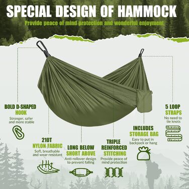 Легка гамак для відпочинку на природі | Гамак для кемпінгу та подорожей, 300 кг, дихаючий, швидковисихаючий, нейлон, 270x140 см