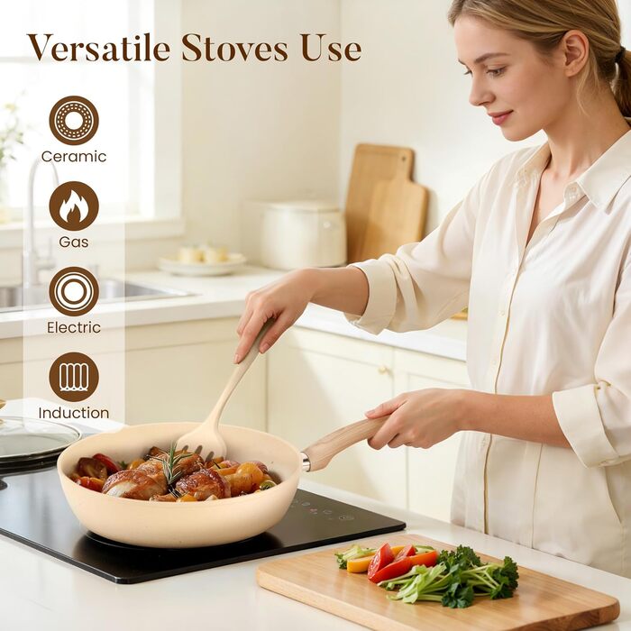 Набір кухонного посуду Kitchen Academy 12 предметів бежевий гранітний антипригарний для індукції, без PFOA/PFOS, сковороди та каструлі для всіх типів плит