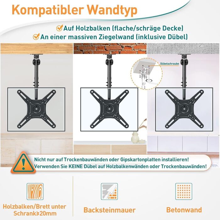 Кронштейн для телевізора та монітора ELIVED складаний, 14-42 дюйми, до 10 кг, VESA 200x200 мм, регульований, для шафи/похилого даху EV3030