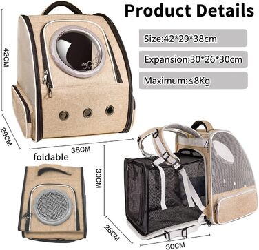 Рюкзак-переноска для котів та собак PENCCOR, розширюваний, для подорожей, дихаючий, великі коти, маленькі собаки, бежевий