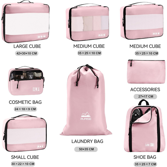 Органайзер для валізи MURISE, 8 шт. - Packing Cubes для подорожей, набір для організації речей у валізі (рожевий)
