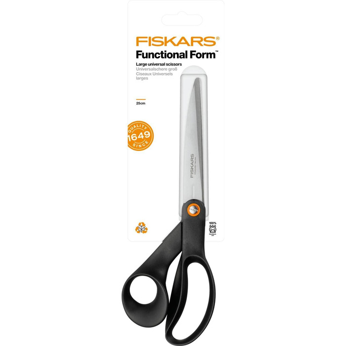 Fiskars Universal Scissors, Overall Length: 24 cm, Quality Steel/Plastic, Functional Form, Black, 1019198