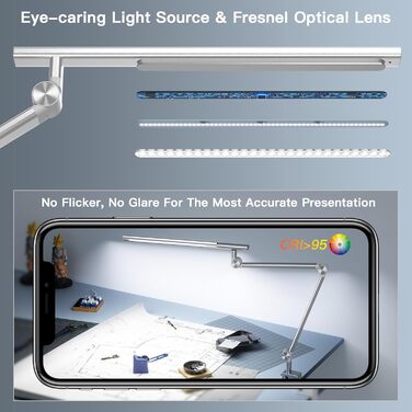 VERSKI LED Desk Lamp - Dimmable 18W Dual Light Source, Eye Protection, Daylight Lamp with 5 Color Temperatures & Adjustable Brightness for Home Office & Office - Silver