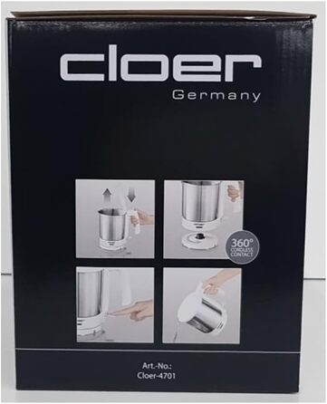 Електричний чайник Cloer 4701 з нержавіючої сталі, 1.5 л, 2200 Вт, з фільтром від накипу та захистом від перегріву, білий