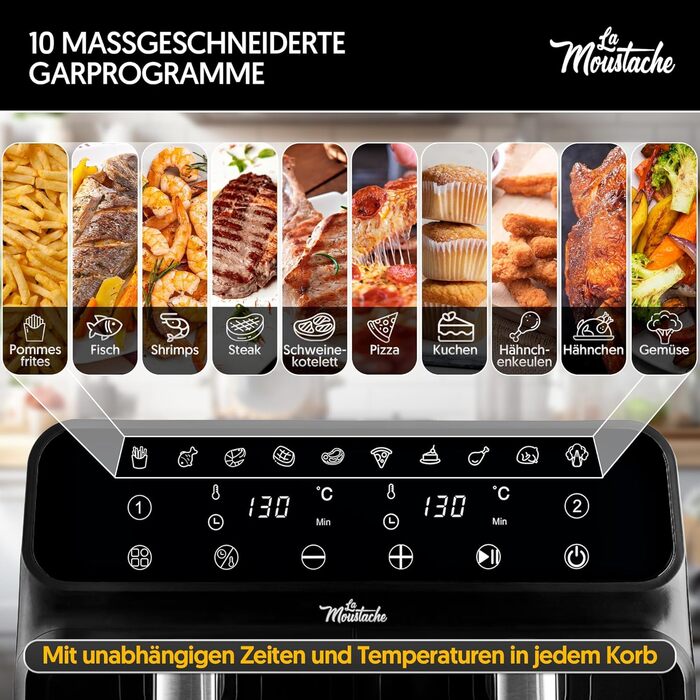 Фритюрниця повітряна La Moustache DuoFry XXL, 8л, 2 відсіки, 1700W, 6 функцій, з E-book рецептів