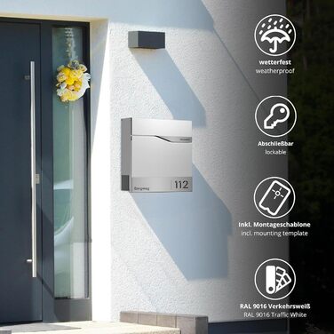 Поштовий ящик білий з газетницею TRELLEBORG, персоналізований, з цинкової сталі з іменем, вулицею та номером будинку + комплект для монтажу (RAL 9016)