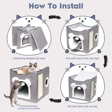 Складане будиночок для котів, великий, з когтеточкою та плюшевою кулькою (сірий)