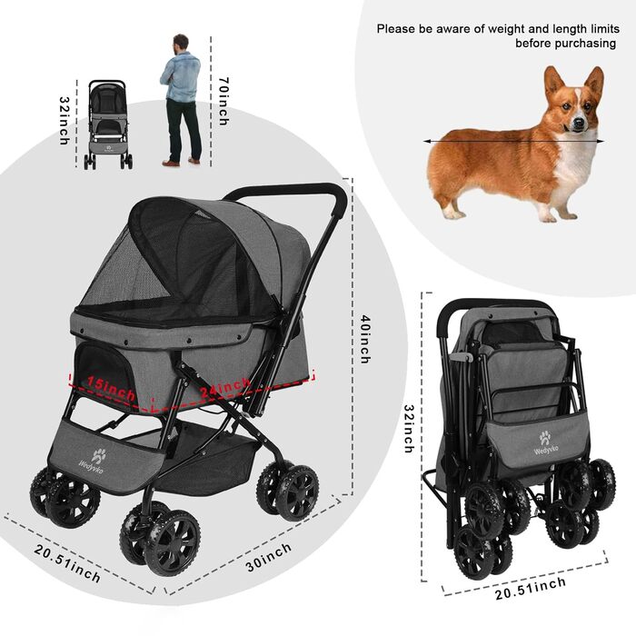 Візок для собак Wedyvko до 20 кг, 4 колеса, складний, для маленьких та середніх собак/кішок, з кошиком для зберігання та тримачем для напоїв (A-темно-сірий)