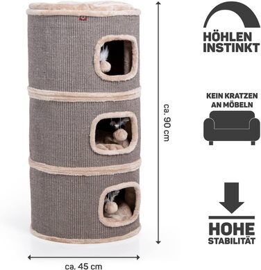 Котячий будиночок-крізьтонні Tony, 90 см: крізьтонні, будиночок з 3 печерами, котячий будиночок з сизалю, меблі для котів (Бежевий)