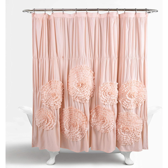 Шторка для душу Lush Decor Serena з рюшами, 183 x 183 см – красивий квітковий дизайн з рюшами, розкішна шторка, вінтажний гламур, стиль кантрі (рожевий, пудровий рожевий)