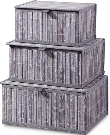 Honeycomb Storage Basket with Lid, Woven - Bamboo Decor Storage Boxes, Set of 3 Rattan Basket with Lid Woven Fabric Insert for Bathroom Kitchen Shelf Organization (Large/Medium/Small) (Gray Marble)