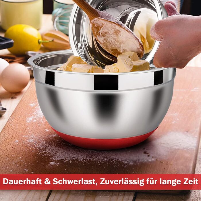 Homikit Mixing Bowls, 6-Piece Stainless Steel Bowl Salad Bowl Set with Airtight Lid & Silicone Bottom, Nesting, Dishwasher Safe, 4.6 L / 2.8 L / 2.5 L / 1.6 L / 1.2 L / 0.7 L, Red