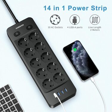 Мережевий фільтр NVEESHOX з 10 розеток, 3 USB-A та 1 USB-C (20W PD), з індивідуальними вимикачами, захист від перенапруги, 2м, для дому та офісу (Чорний)
