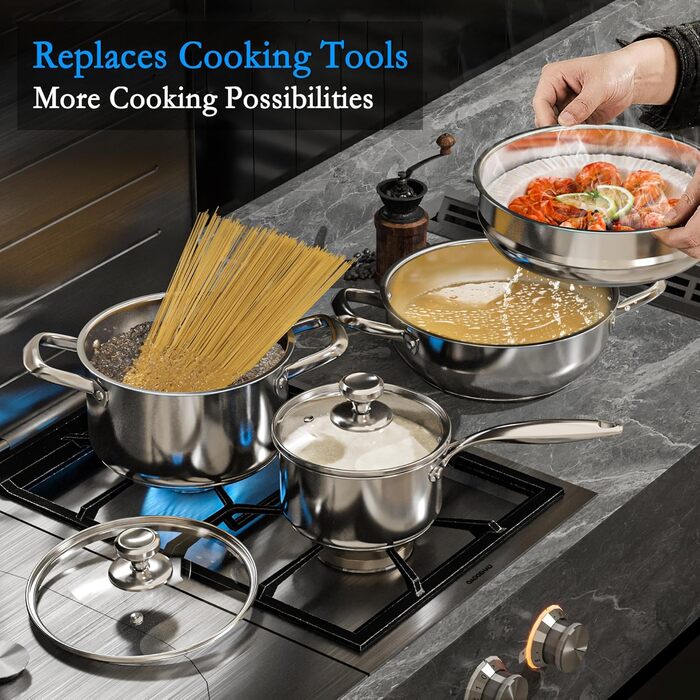 Набір каструль Induktion 12-частинний з нержавіючої сталі з тришасим дном, включає пароварку, 3 захисні диски для сковорідок та кухонне приладдя, безпечний у духовці до 250°C та придатний для миття в посудомийній машині, для всіх типів плит