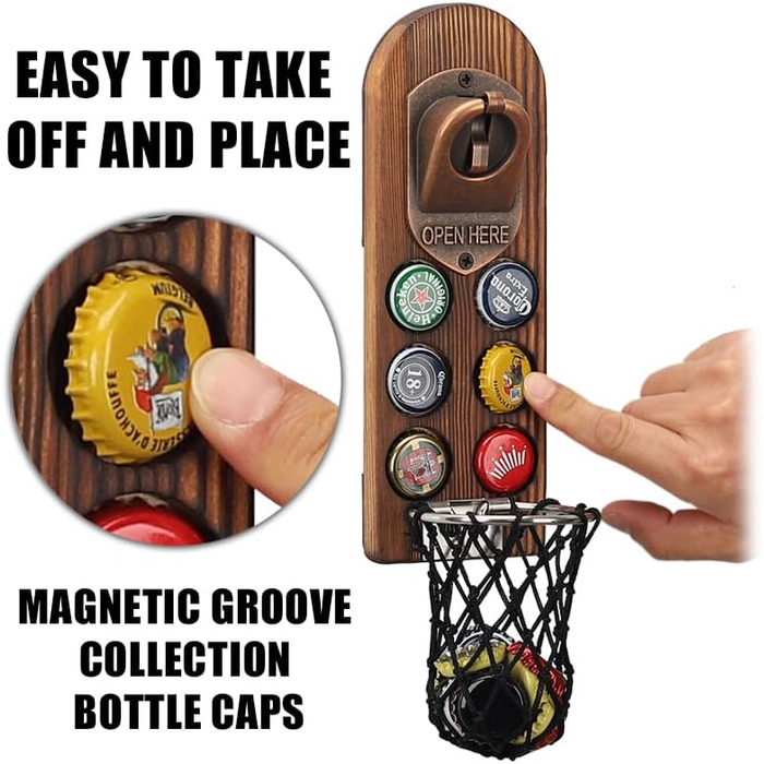 Bottle Opener Wall Mount with Bottle Cap Collector, Magnetic Bottle Opener Wall, Wall Bottle Opener with Catch Basin, Beer Gifts for Men, Dad, Husband, Bar Accessories for Home, Outdoors (Style 5)