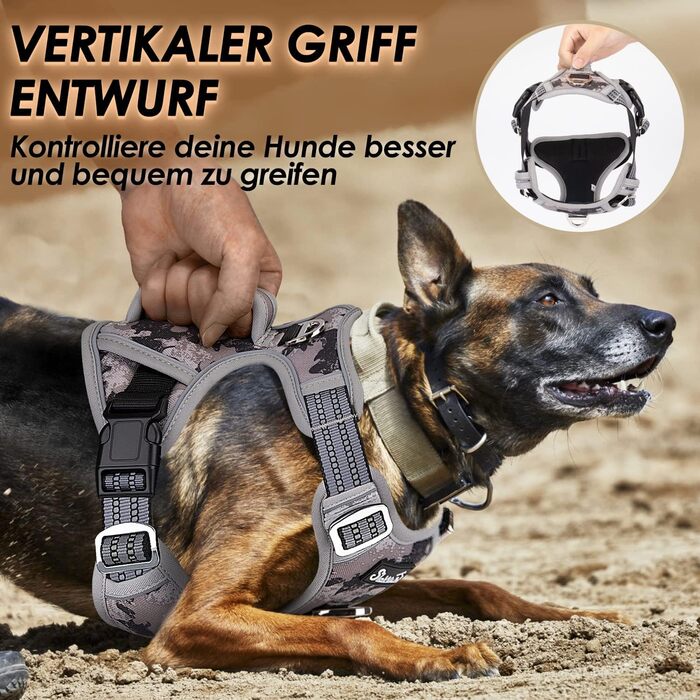 Шлейка для собак великих порід, анти-тяга, з 2 карабінами та зручною ручкою, регульована, світловідбиваюча, з м'якою підкладкою (L), колір: Tarngrau