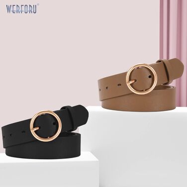 Жіночі шкіряні ремені WERFORU (2 шт.) для джинсів та штанів, з золотою пряжкою O-Ring, чорний+коричневий, розмір талії 65-75 см