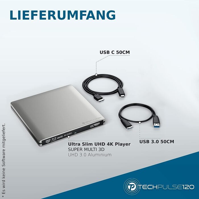 Зовнішній Blu-ray привід techPulse120 UHD 4K 3D M-Disc BDXL, USB 3.0 та USB-C, для ноутбуків та ПК (Windows, Mac OS), алюміній, сріблястий