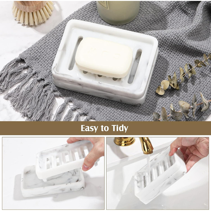 Підставка для мила Shinowa з подвійним шаром та знімним контейнером для води, білий мармур, для ванної кімнати, кухні, душу